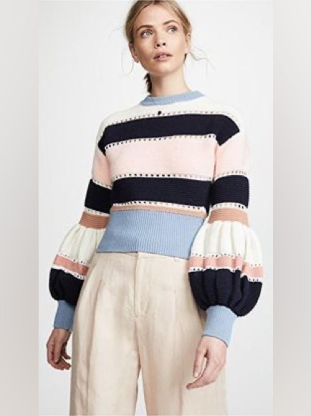 Self-Portrait Navy, Pink, Light Blue & Cream Striped Puff-Sleeve Sweater